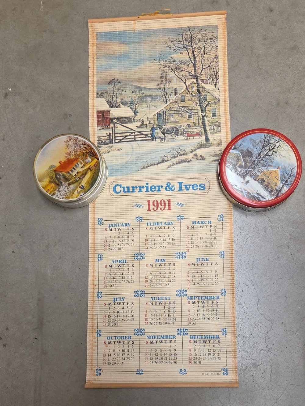 Vintage 1990-91 Currier & Ives Bamboo Scroll Wall‎ Calendar And 2 Tins